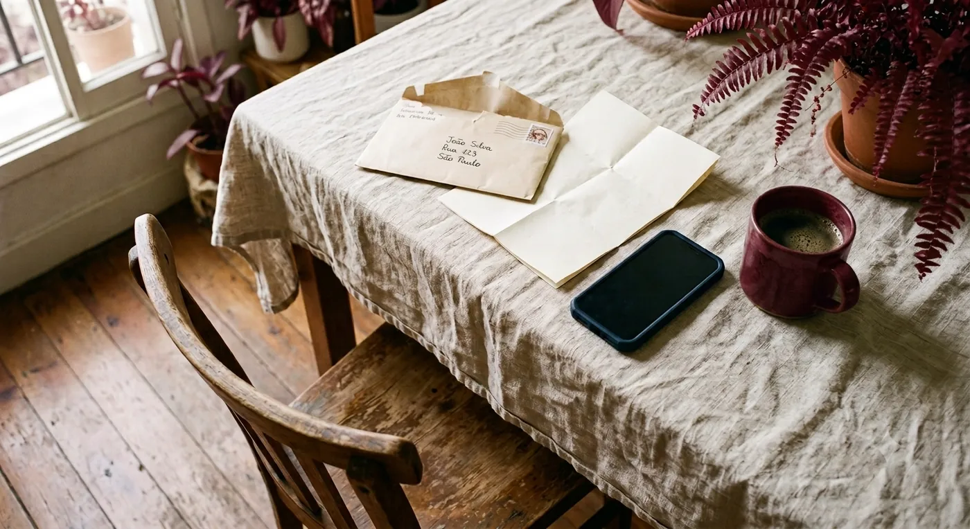 Mesa com carta aberta, envelope, celular e caneca