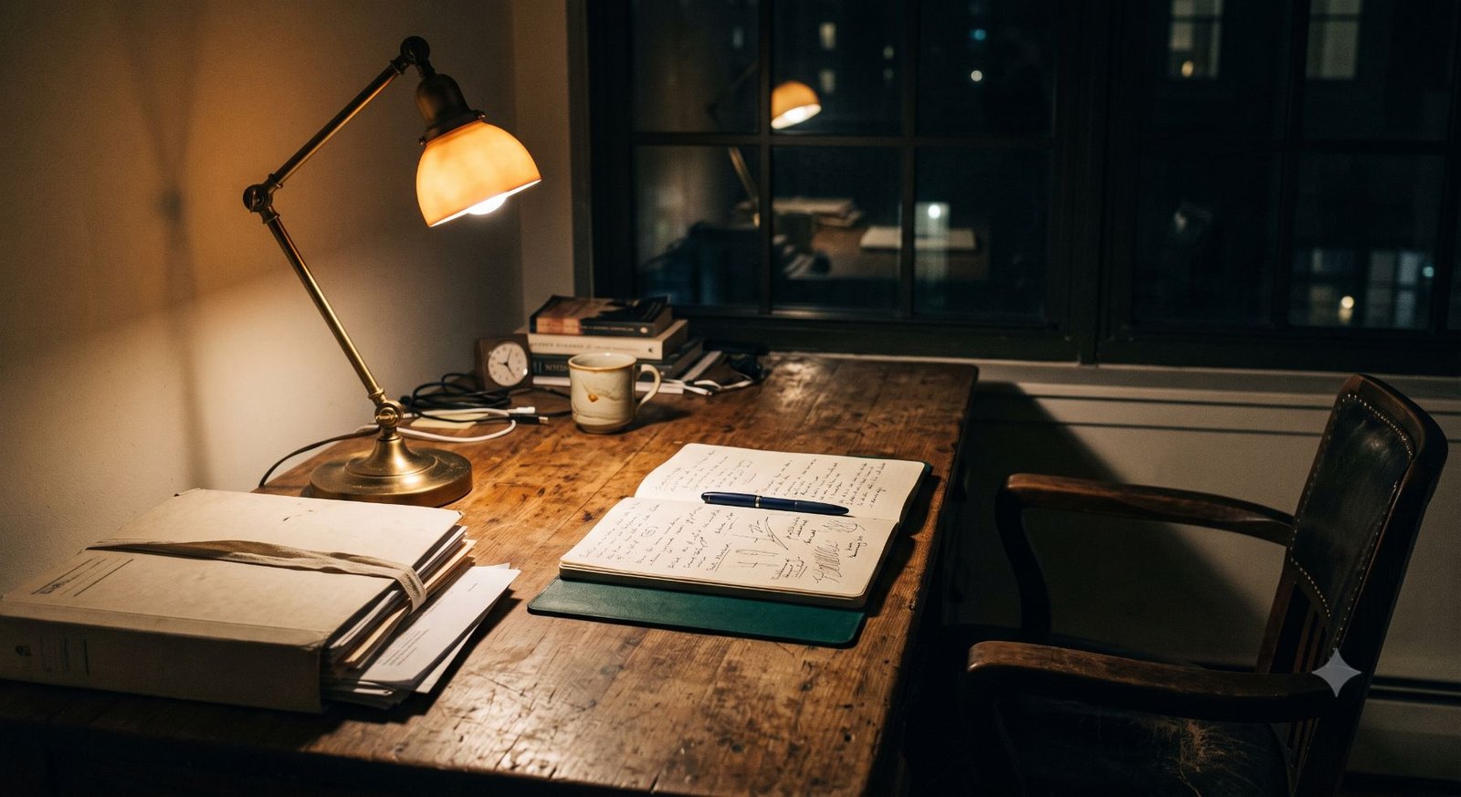 Escrivaninha à noite com caderno e luminária