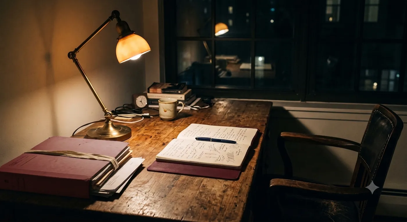 Escrivaninha à noite com caderno e luminária