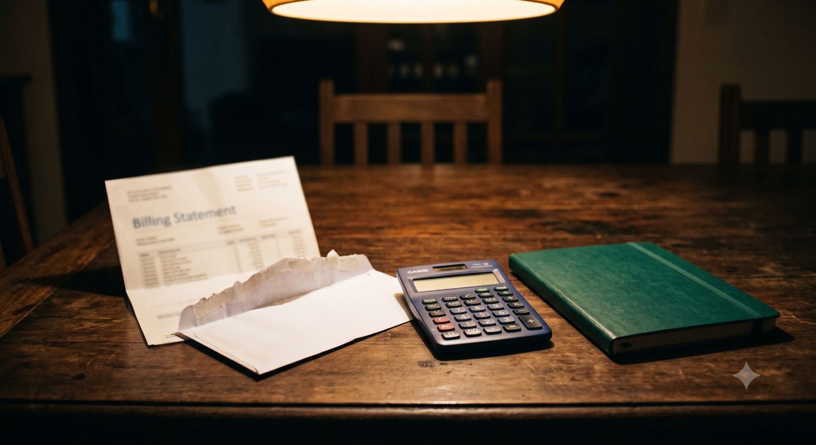 Cobrança e calculadora sobre a mesa