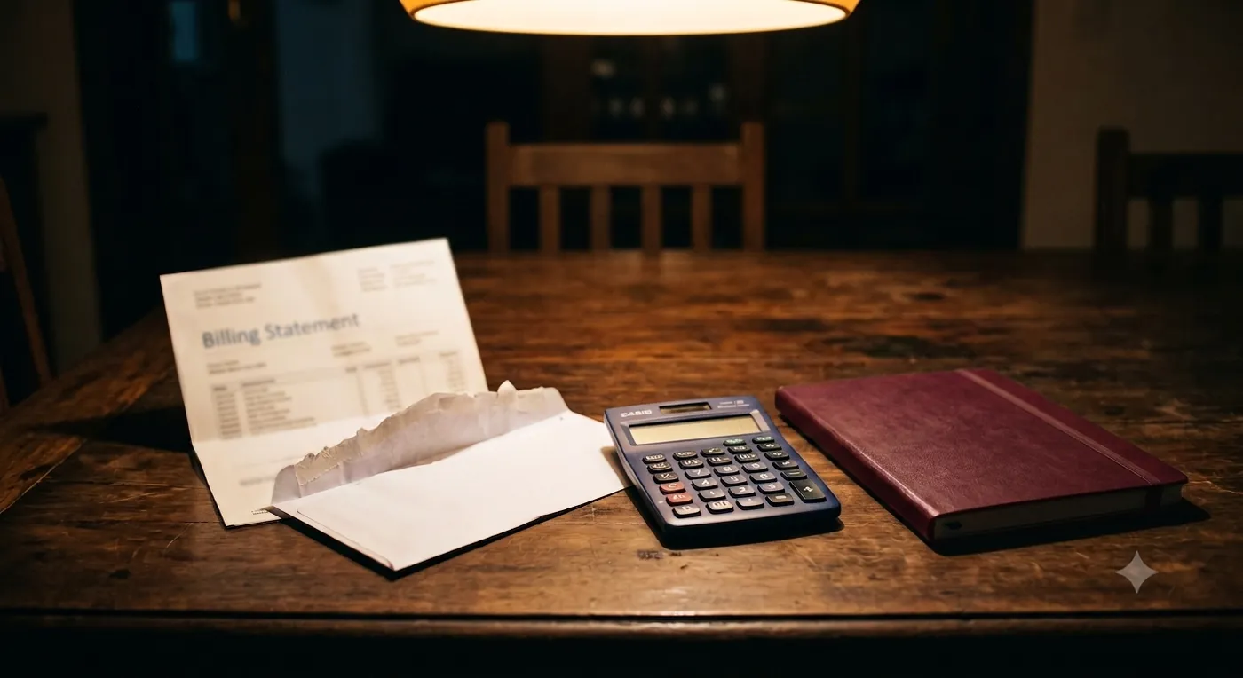 Cobrança e calculadora sobre a mesa