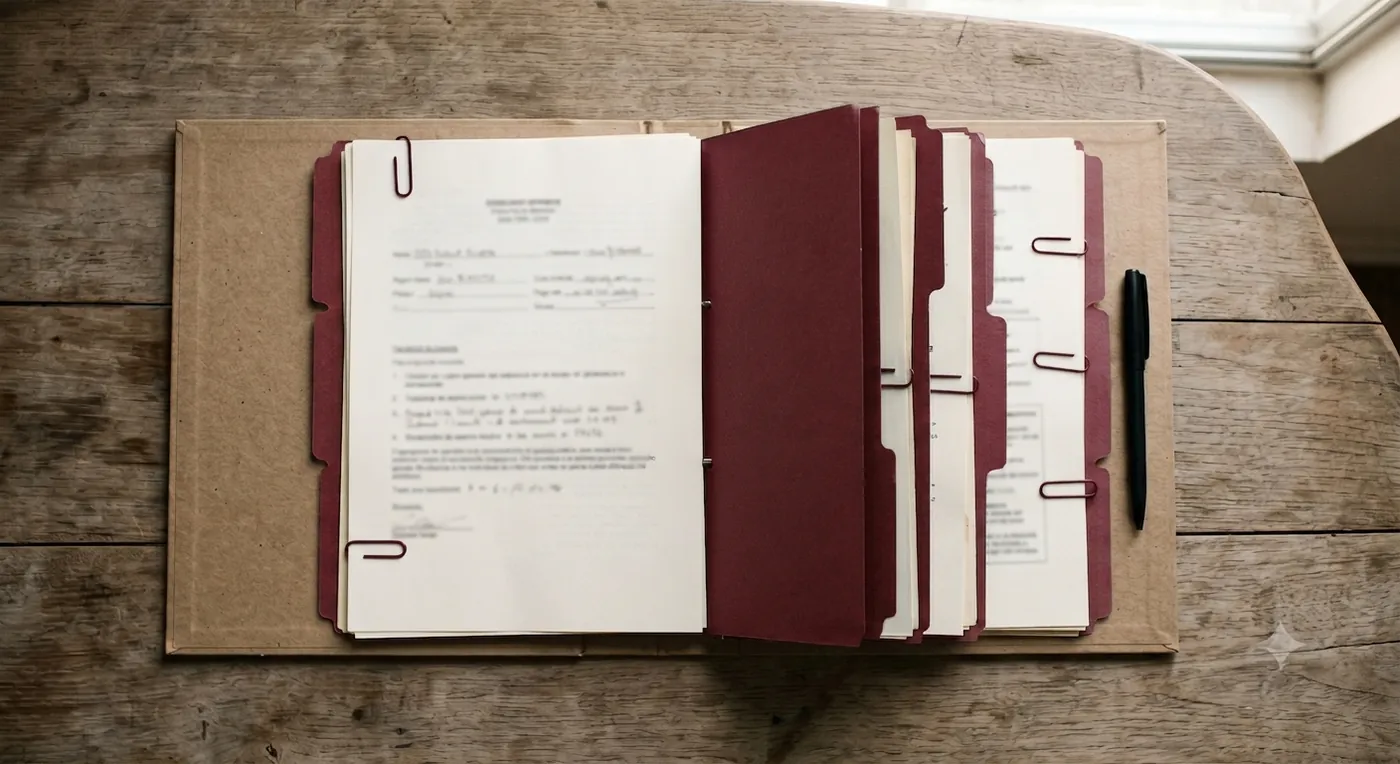 Fichário aberto com documentos organizados