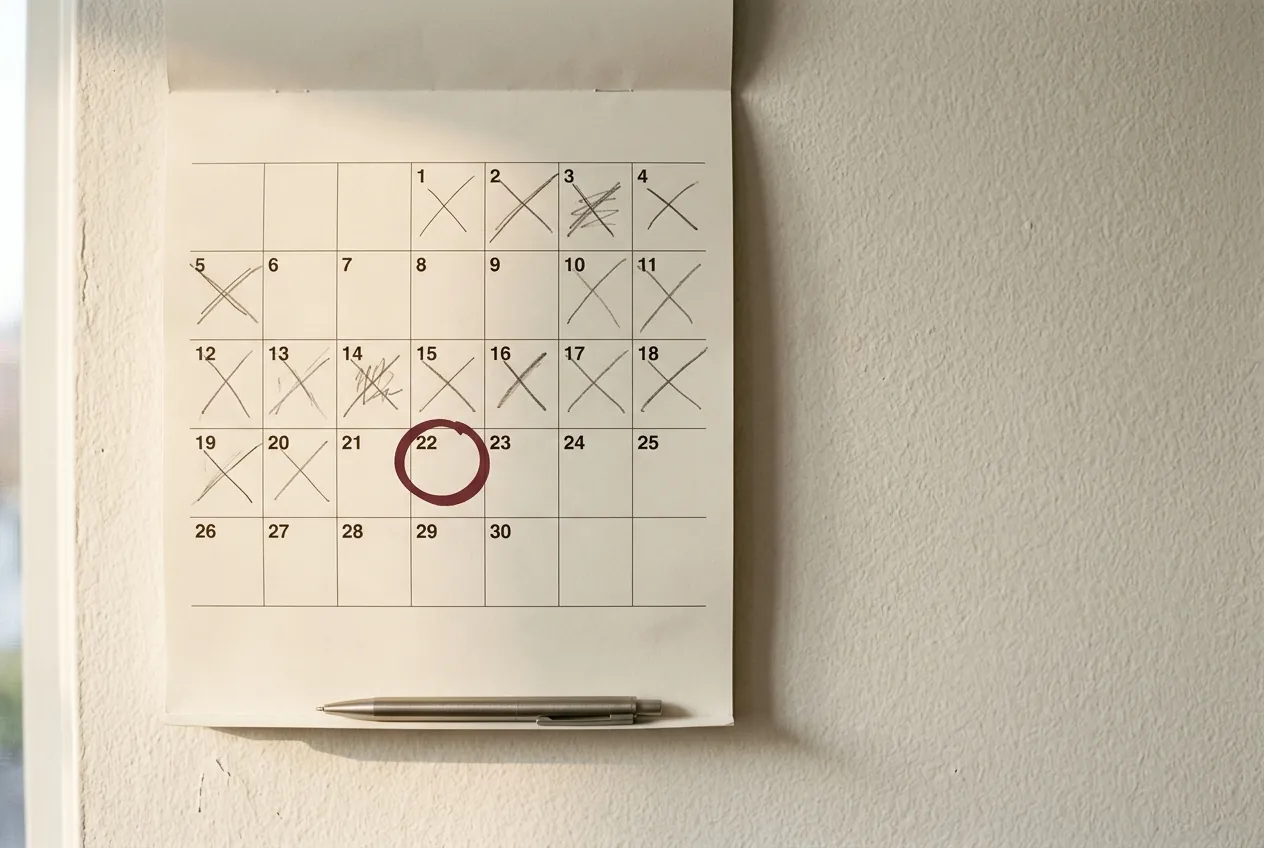 Calendário de parede com vários dias riscados a lápis e um dia circulado em bordô