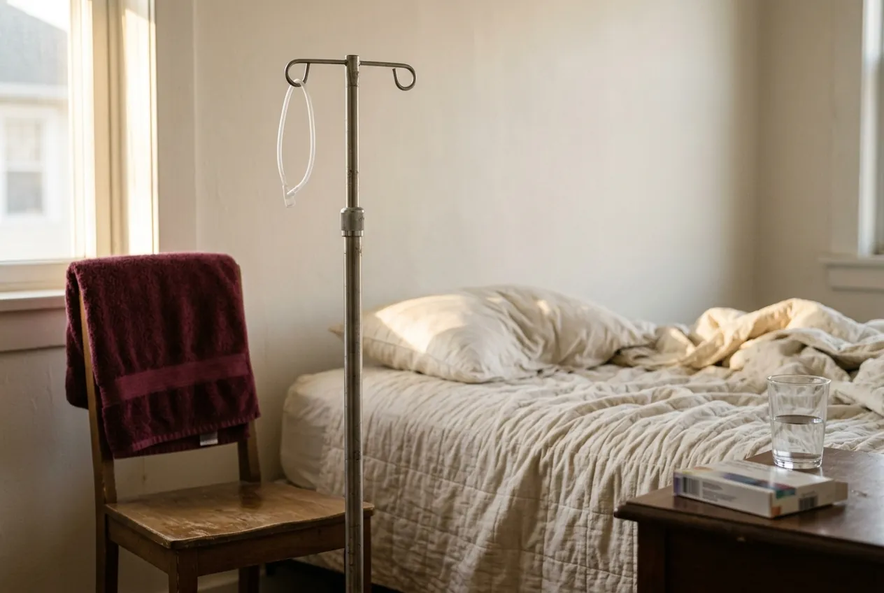 Suporte de soro ao lado de uma cama vazia, junto à janela