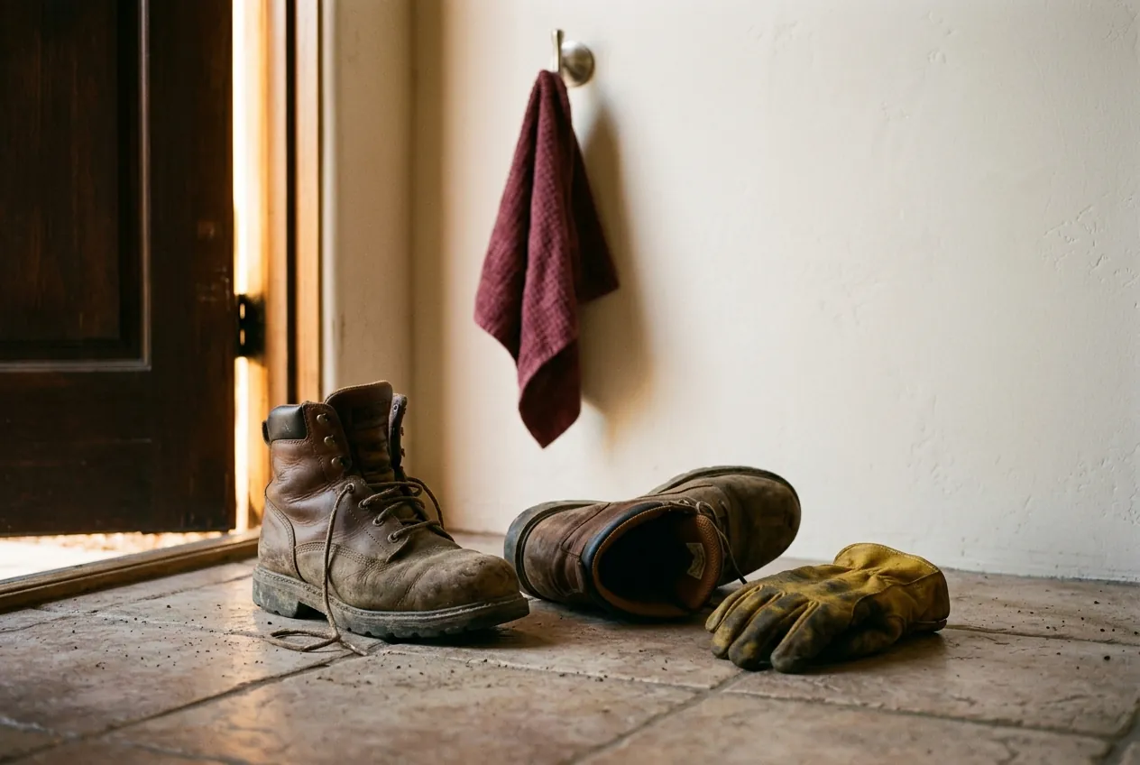 Botas de trabalho ao lado da porta