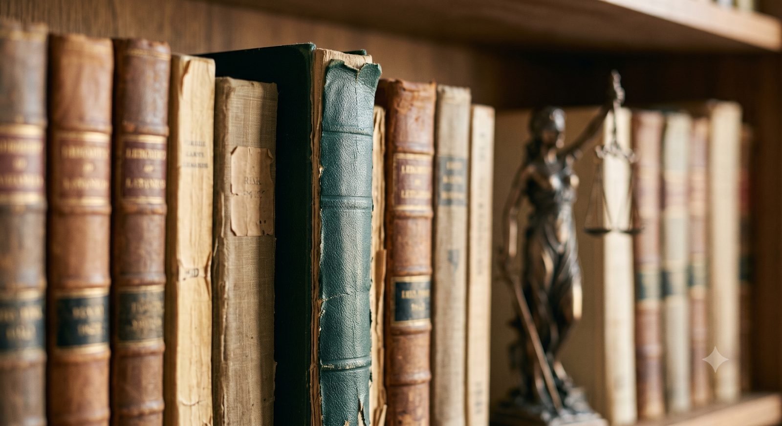 Estante de livros jurídicos, com uma lombada verde em primeiro plano