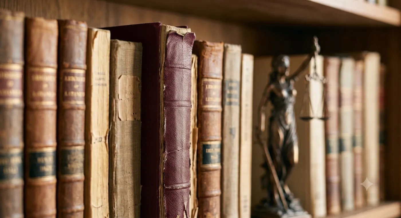 Estante de livros jurídicos, com uma lombada bordô em primeiro plano